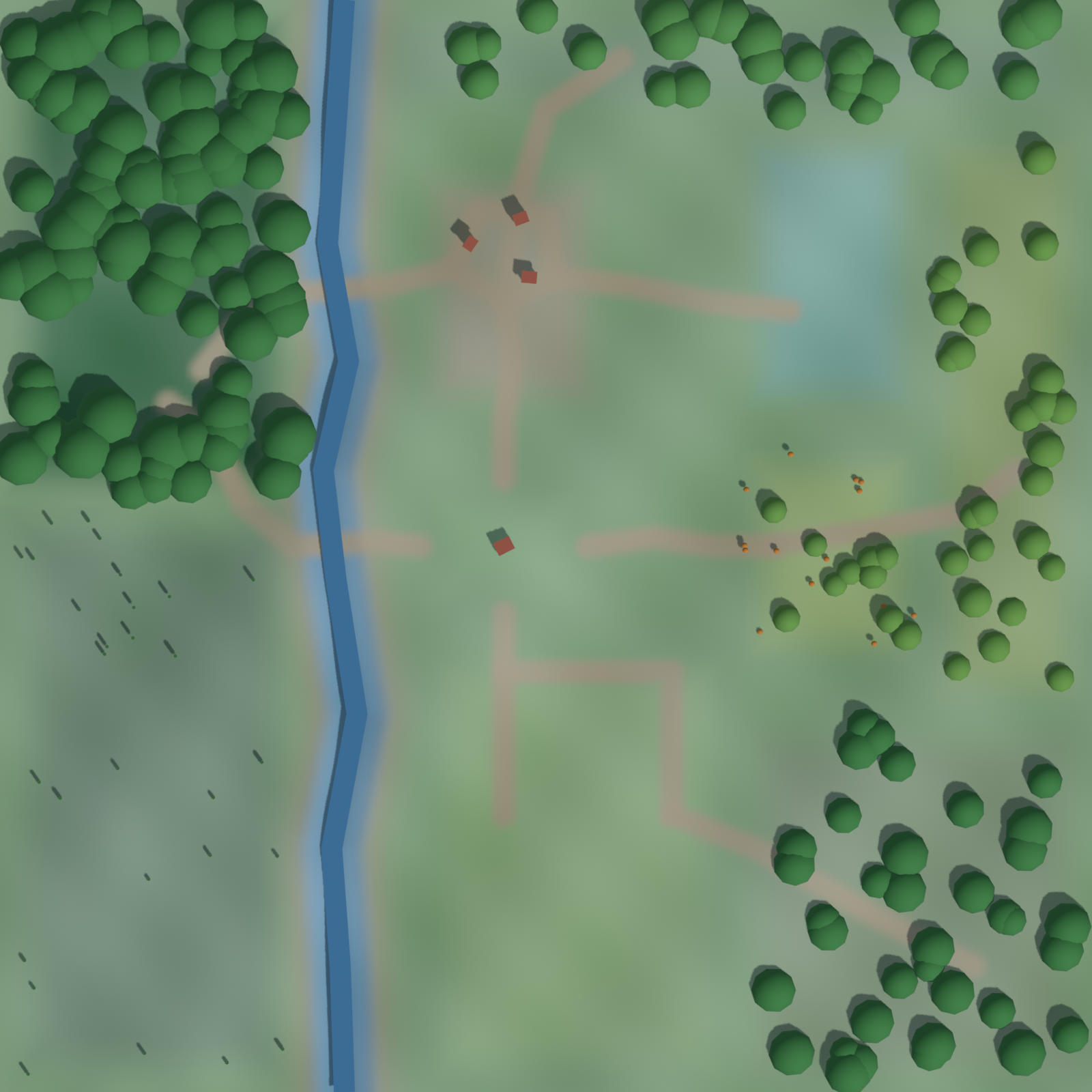 Painted map of Mochi's home, the village, the river, the forest, and the pumpkin meadow
