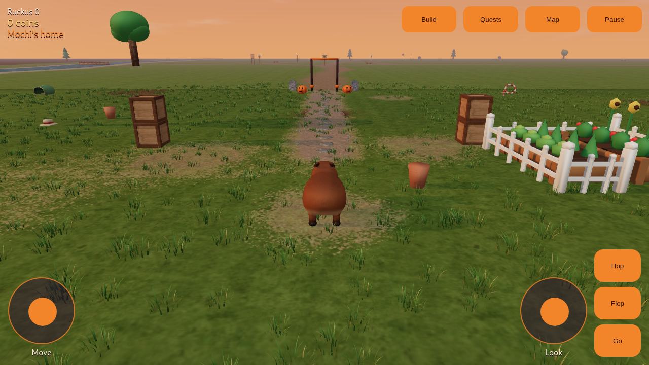 Mochi the capybara standing in the fenced home park at dusk